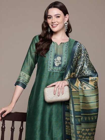 Straight style Silk fabric Green color kurta with Bottom and Dupatta