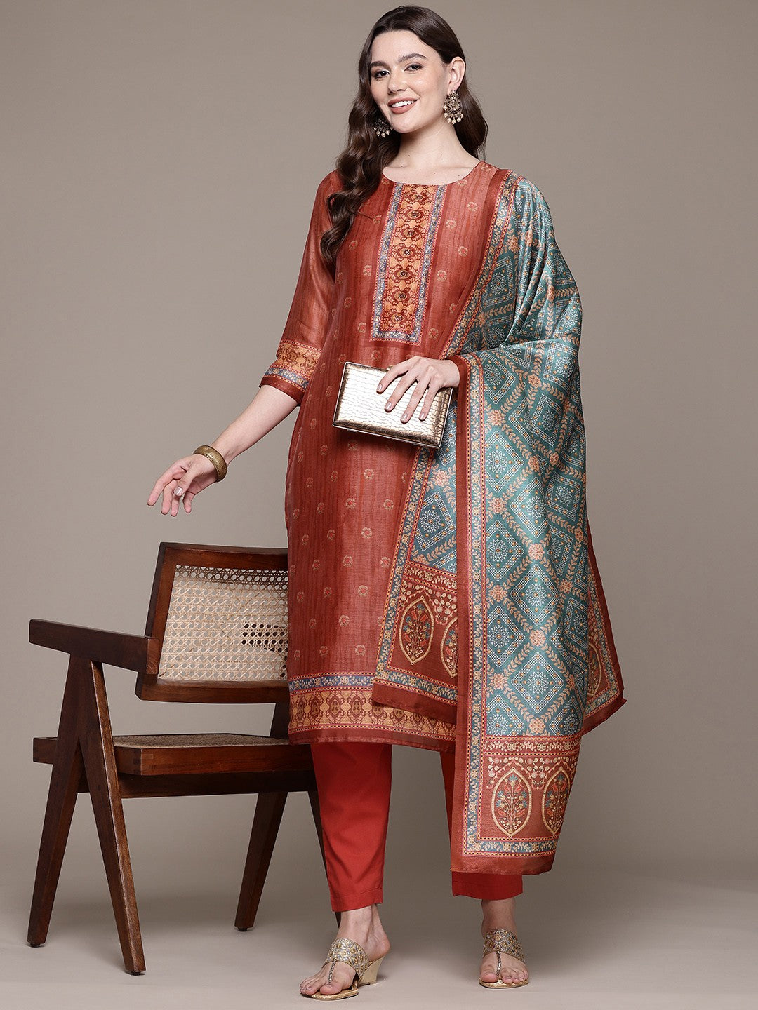 Straight style Silk fabric Red color kurta with Bottom and Dupatta