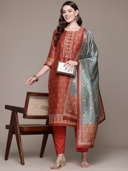 Straight style Silk fabric Red color kurta with Bottom and Dupatta