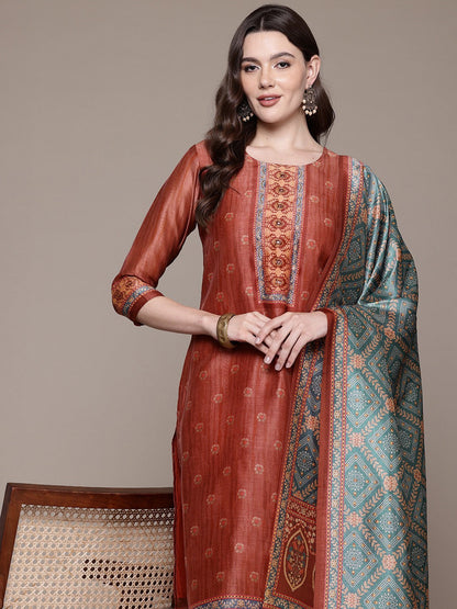 Straight style Silk fabric Red color kurta with Bottom and Dupatta