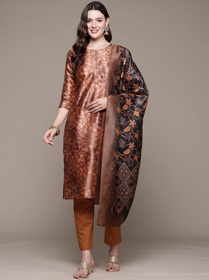 Straight style Silk fabric Rust color kurta with Bottom and Dupatta