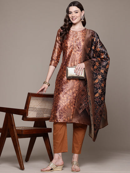 Straight style Silk fabric Rust color kurta with Bottom and Dupatta