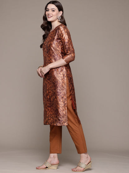 Straight style Silk fabric Rust color kurta with Bottom and Dupatta