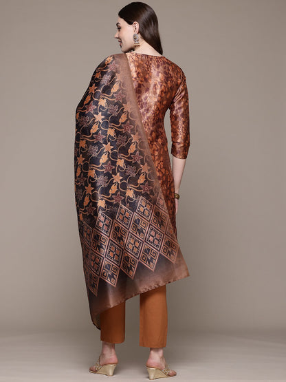 Straight style Silk fabric Rust color kurta with Bottom and Dupatta