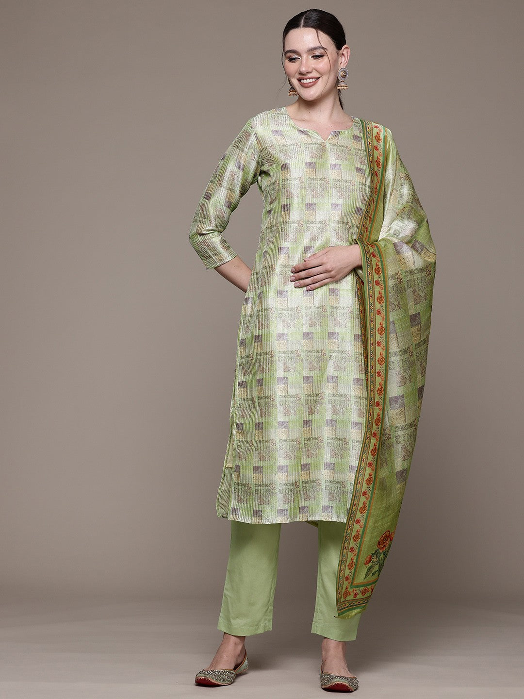 Straight style Silk fabric Green color kurta with Bottom and Dupatta