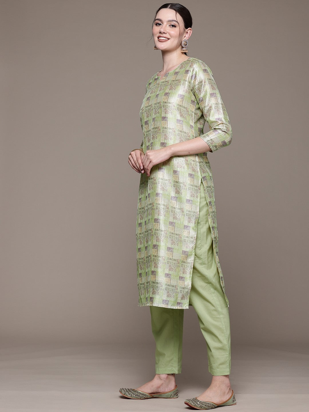 Straight style Silk fabric Green color kurta with Bottom and Dupatta