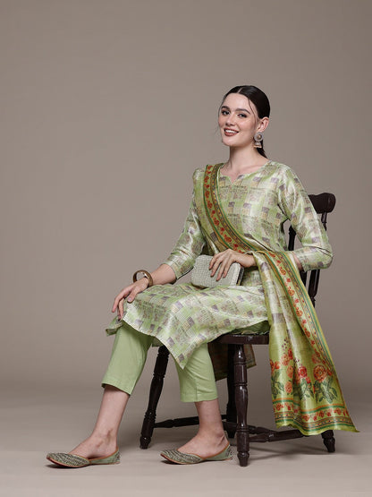 Straight style Silk fabric Green color kurta with Bottom and Dupatta