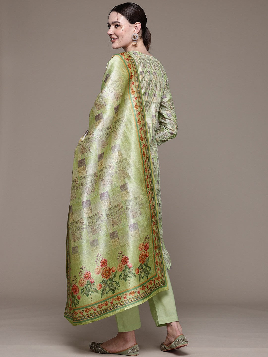 Straight style Silk fabric Green color kurta with Bottom and Dupatta
