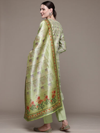 Straight style Silk fabric Green color kurta with Bottom and Dupatta