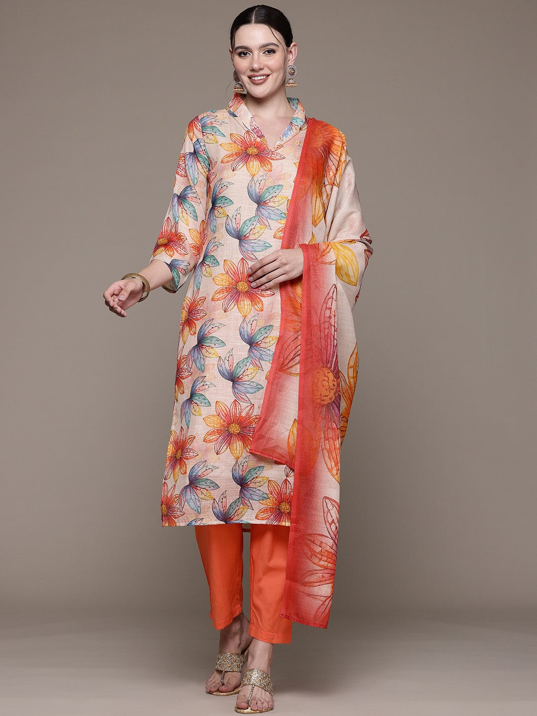 Straight style Cotton fabric Beige color kurta with Bottom and Dupatta