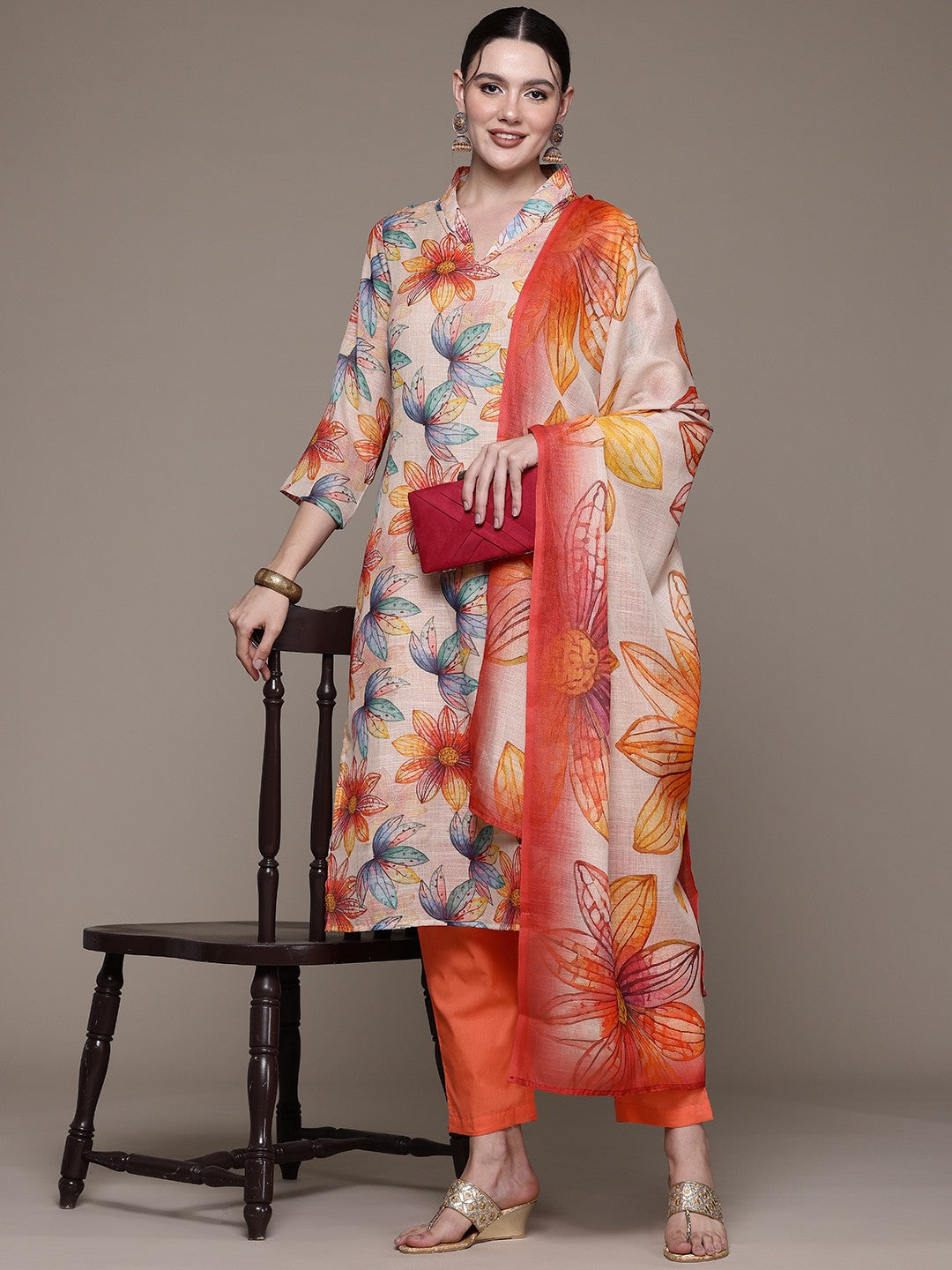 Straight style Cotton fabric Beige color kurta with Bottom and Dupatta
