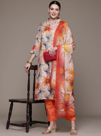 Straight style Cotton fabric Beige color kurta with Bottom and Dupatta