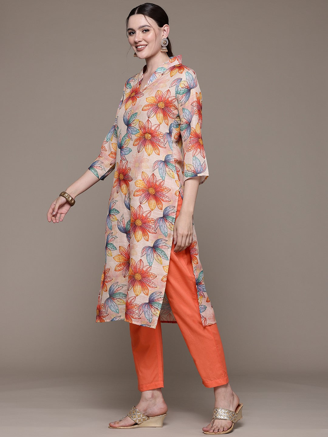 Straight style Cotton fabric Beige color kurta with Bottom and Dupatta