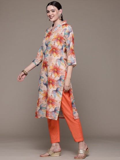 Straight style Cotton fabric Beige color kurta with Bottom and Dupatta