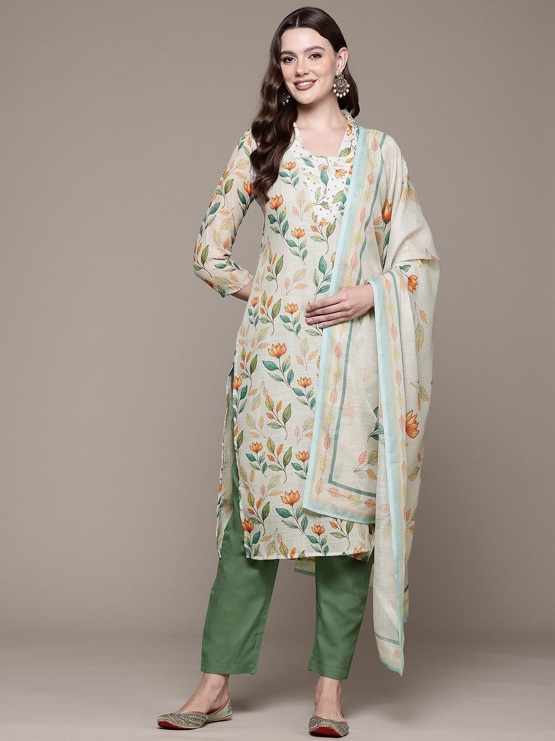 Straight style Cotton fabric Multi color kurta with Bottom and Dupatta