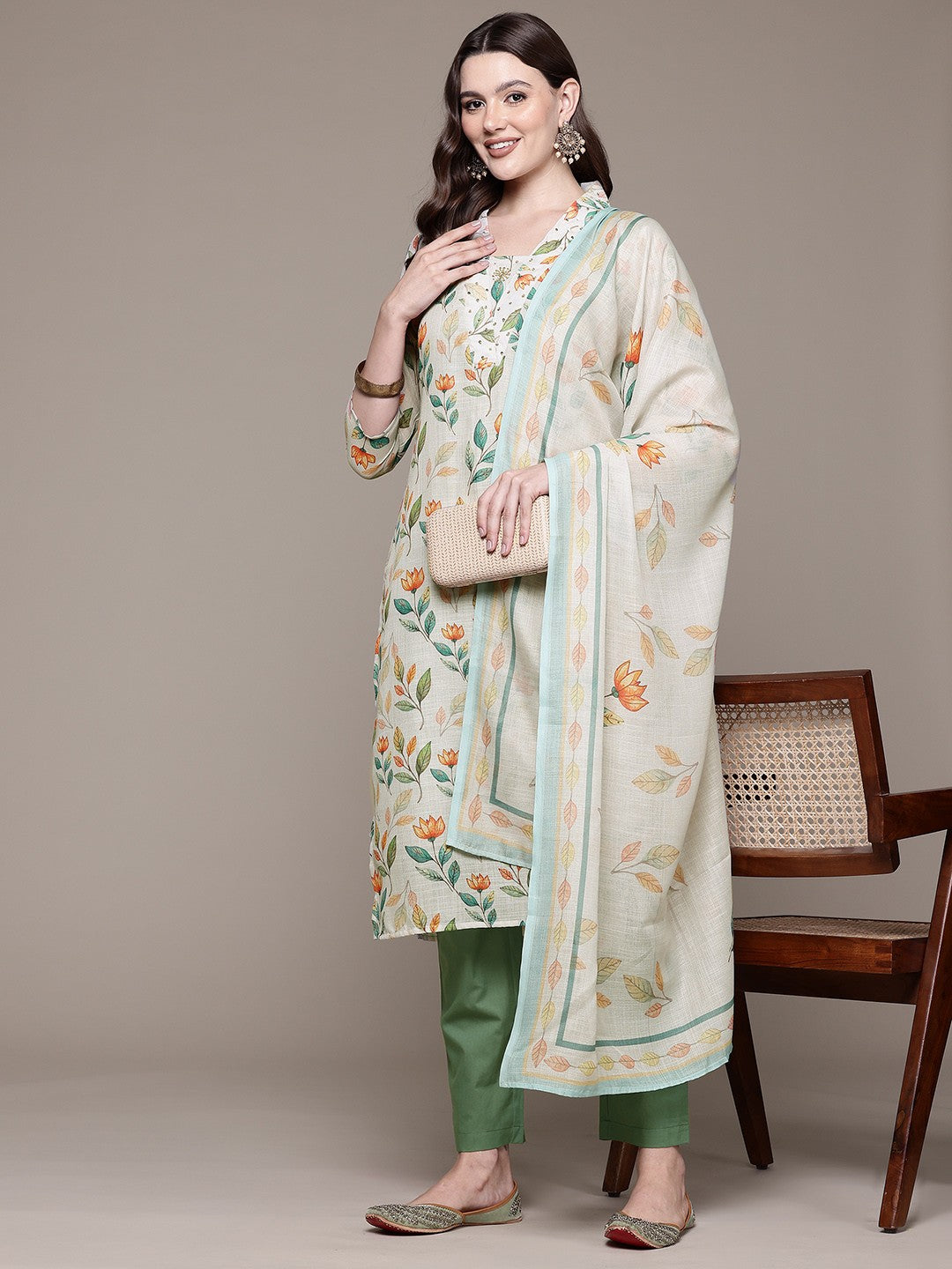 Straight style Cotton fabric Multi color kurta with Bottom and Dupatta