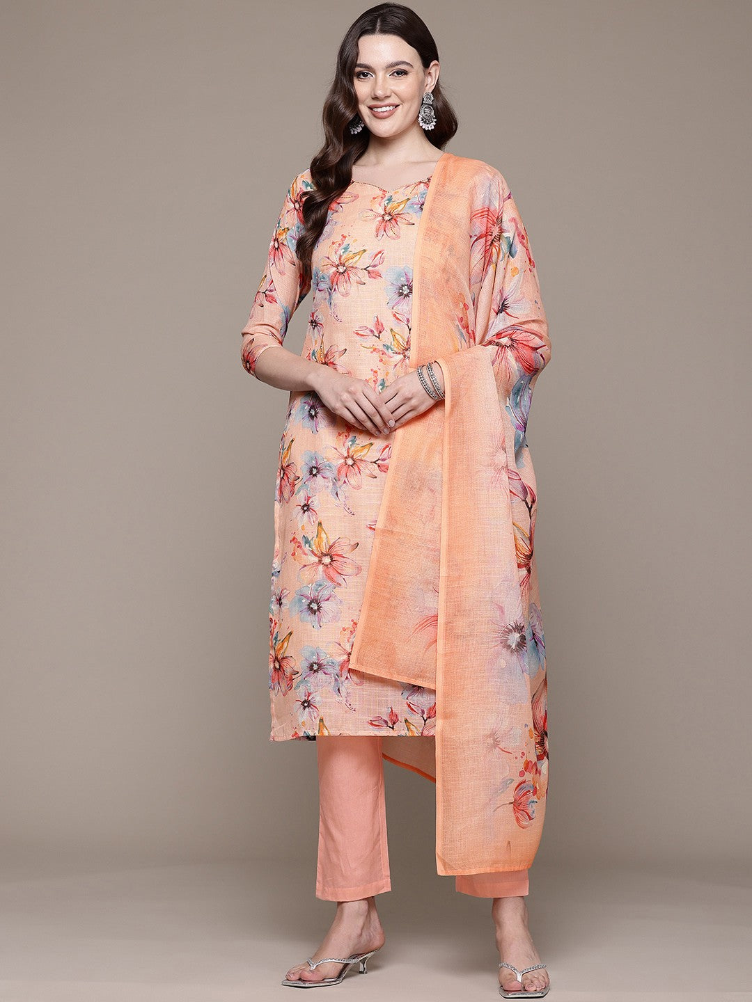 Straight style Cotton fabric Peach color kurta with Bottom and Dupatta