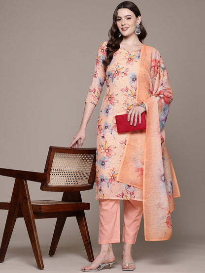 Straight style Cotton fabric Peach color kurta with Bottom and Dupatta