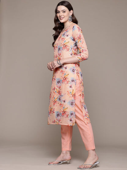 Straight style Cotton fabric Peach color kurta with Bottom and Dupatta