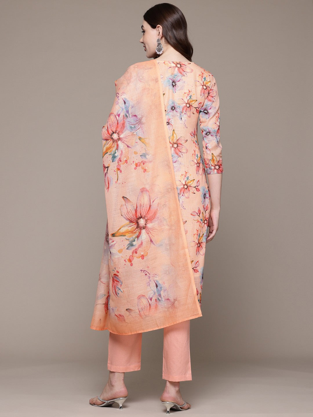 Straight style Cotton fabric Peach color kurta with Bottom and Dupatta