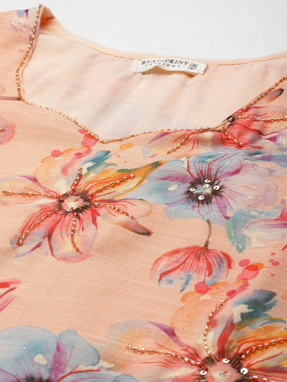 Straight style Cotton fabric Peach color kurta with Bottom and Dupatta