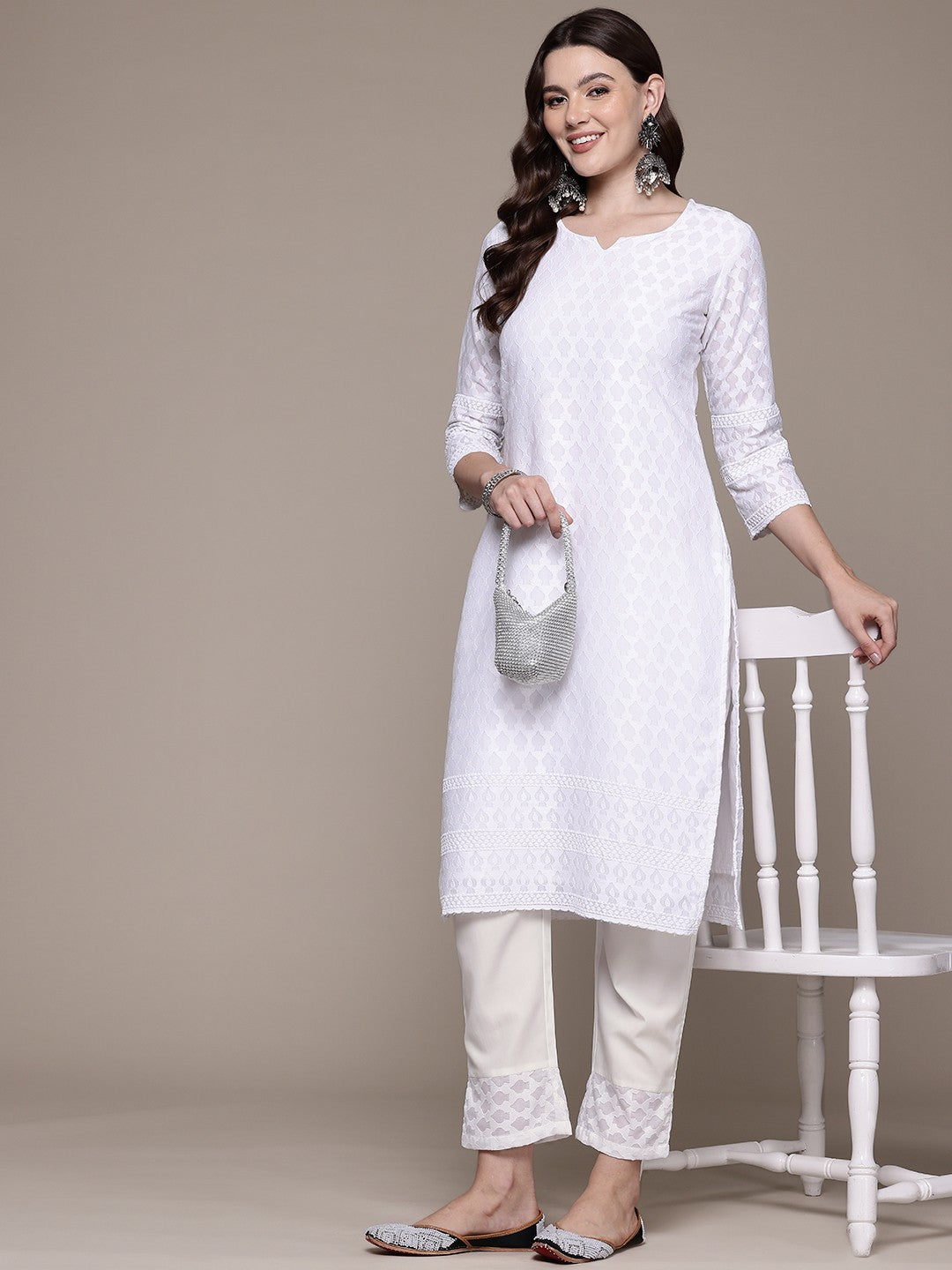 Straight style Cotton fabric White color kurta with Bottom