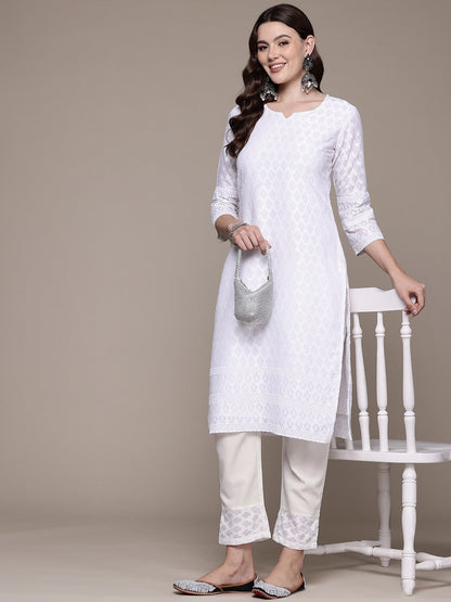Straight style Cotton fabric White color kurta with Bottom