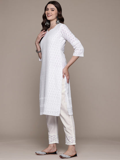 Straight style Cotton fabric White color kurta with Bottom