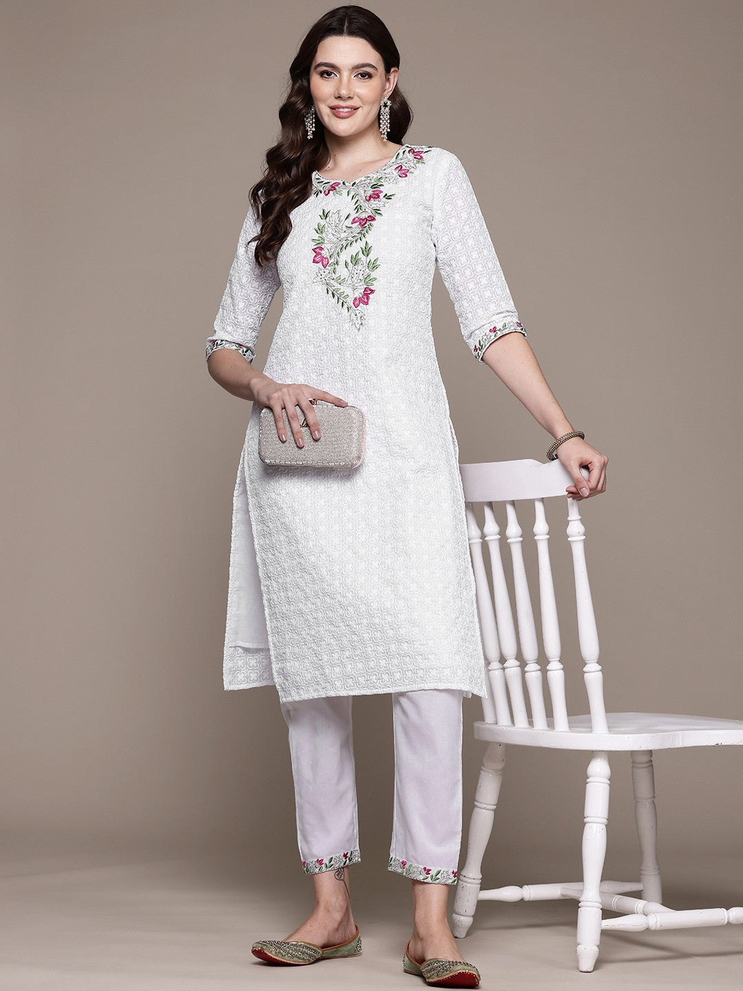Straight style Cotton fabric White color kurta with Bottom
