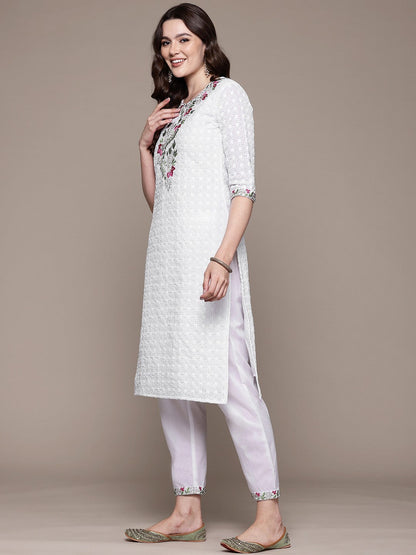 Straight style Cotton fabric White color kurta with Bottom