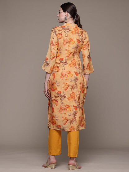 Straight style Linen fabric Orange color kurta with Bottom
