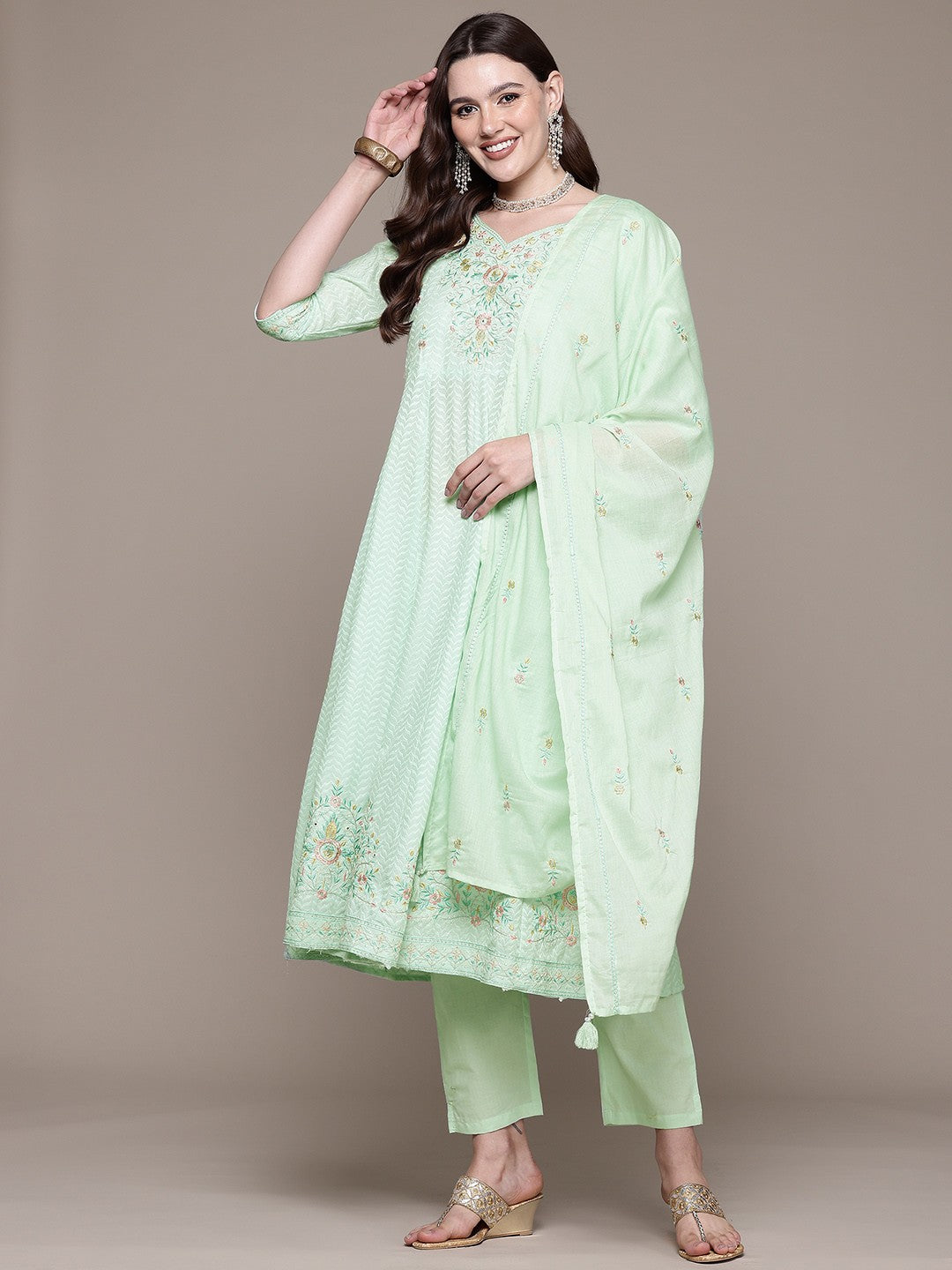 Anarkali style Cotton fabric Green color kurta with Bottom and Dupatta