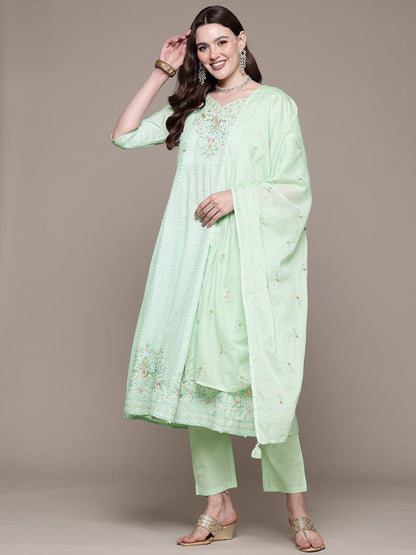 Anarkali style Cotton fabric Green color kurta with Bottom and Dupatta