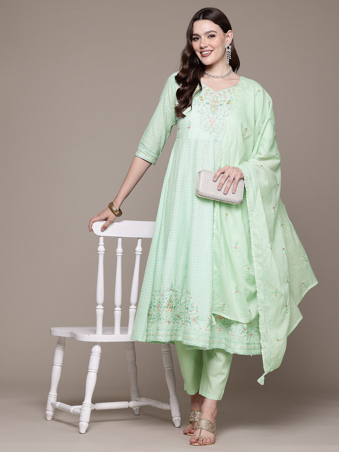 Anarkali style Cotton fabric Green color kurta with Bottom and Dupatta