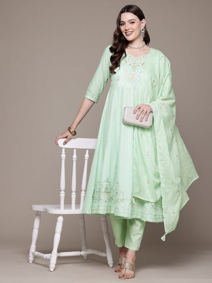 Anarkali style Cotton fabric Green color kurta with Bottom and Dupatta