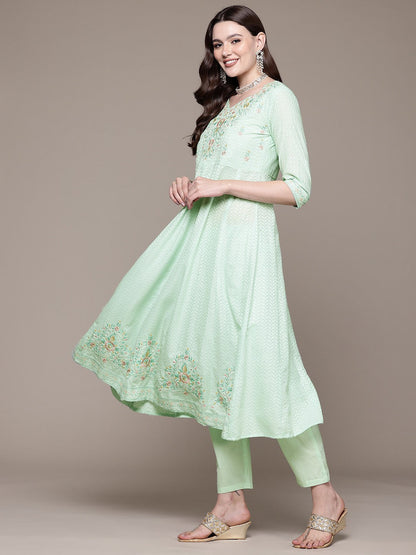Anarkali style Cotton fabric Green color kurta with Bottom and Dupatta