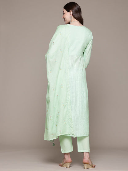 Anarkali style Cotton fabric Green color kurta with Bottom and Dupatta