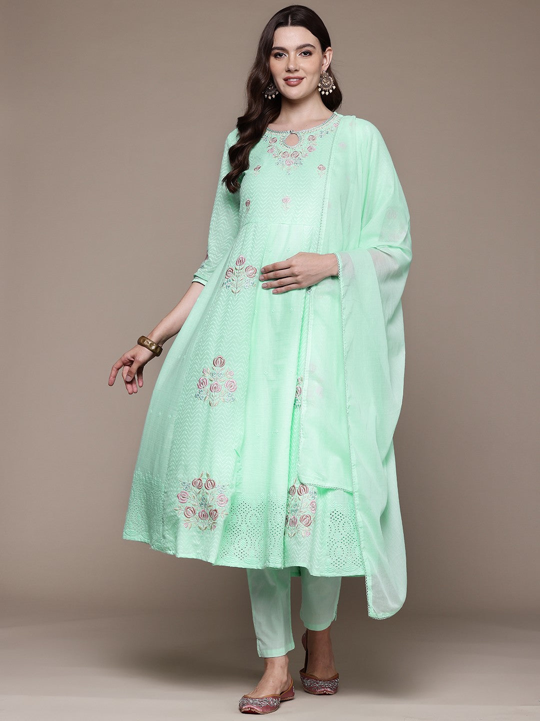 Anarkali style Cotton fabric Sea Green color kurta with Bottom and Dupatta
