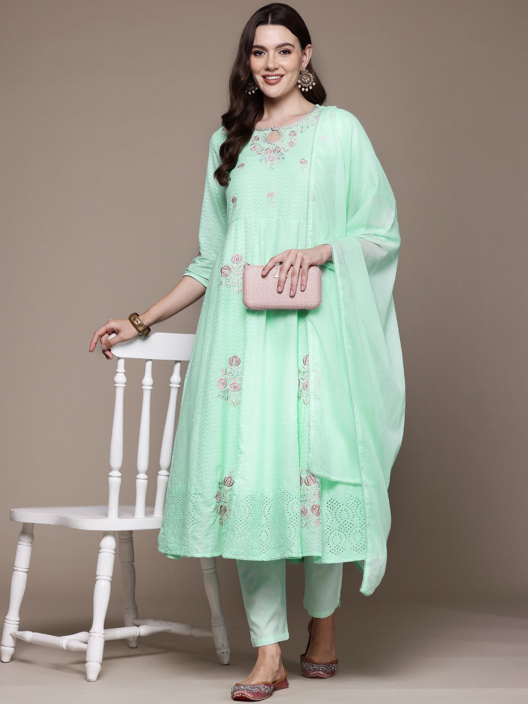 Anarkali style Cotton fabric Sea Green color kurta with Bottom and Dupatta