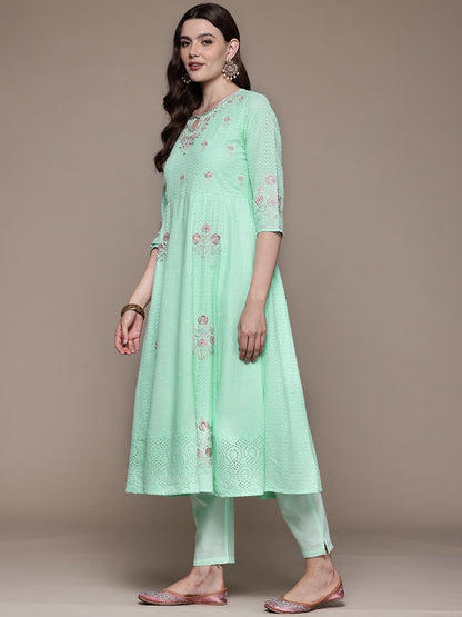 Anarkali style Cotton fabric Sea Green color kurta with Bottom and Dupatta