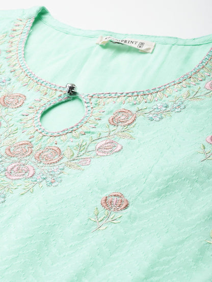 Anarkali style Cotton fabric Sea Green color kurta with Bottom and Dupatta