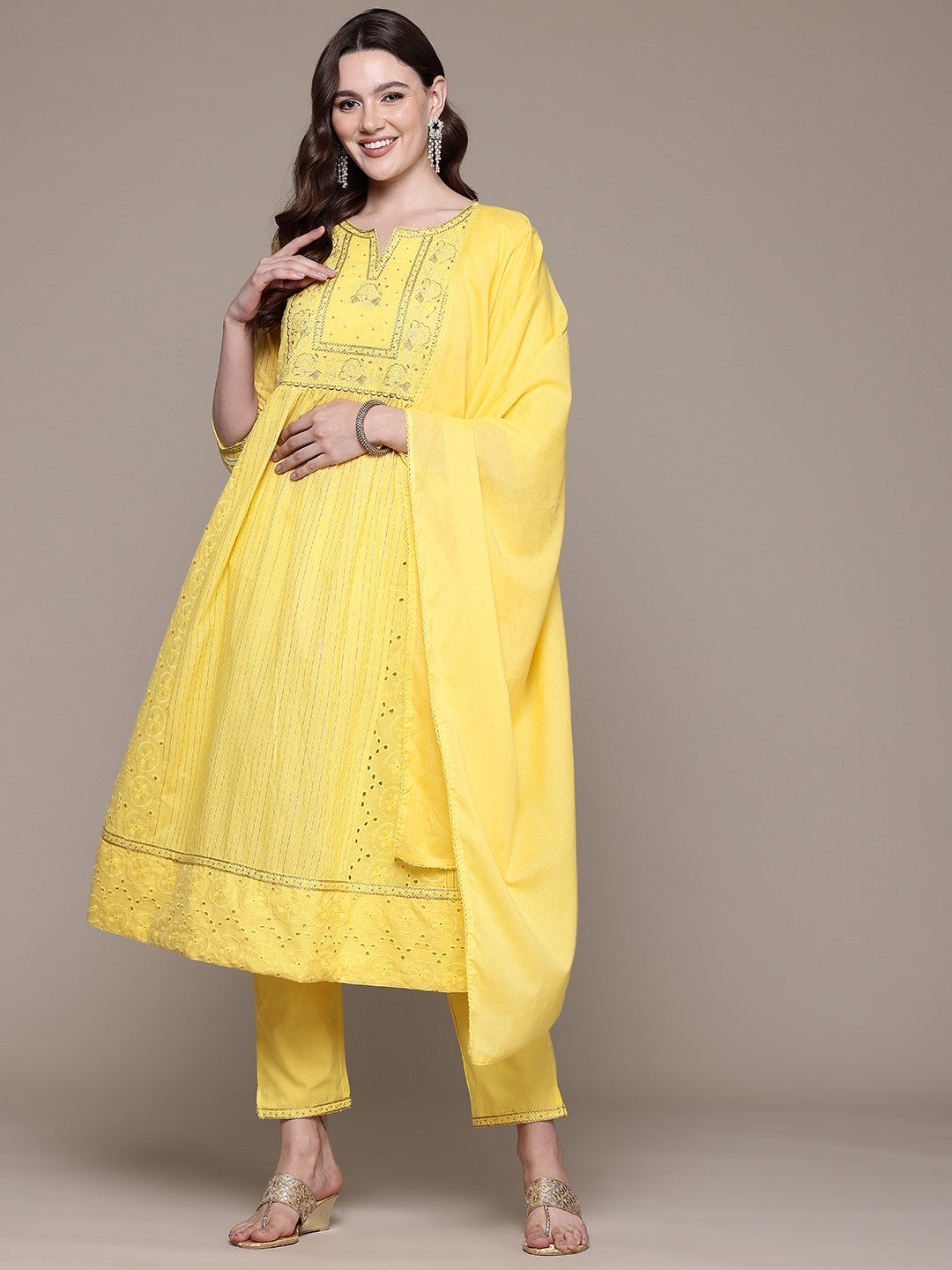 Anarkali style Cotton fabric Yellow color kurta with Bottom and Dupatta