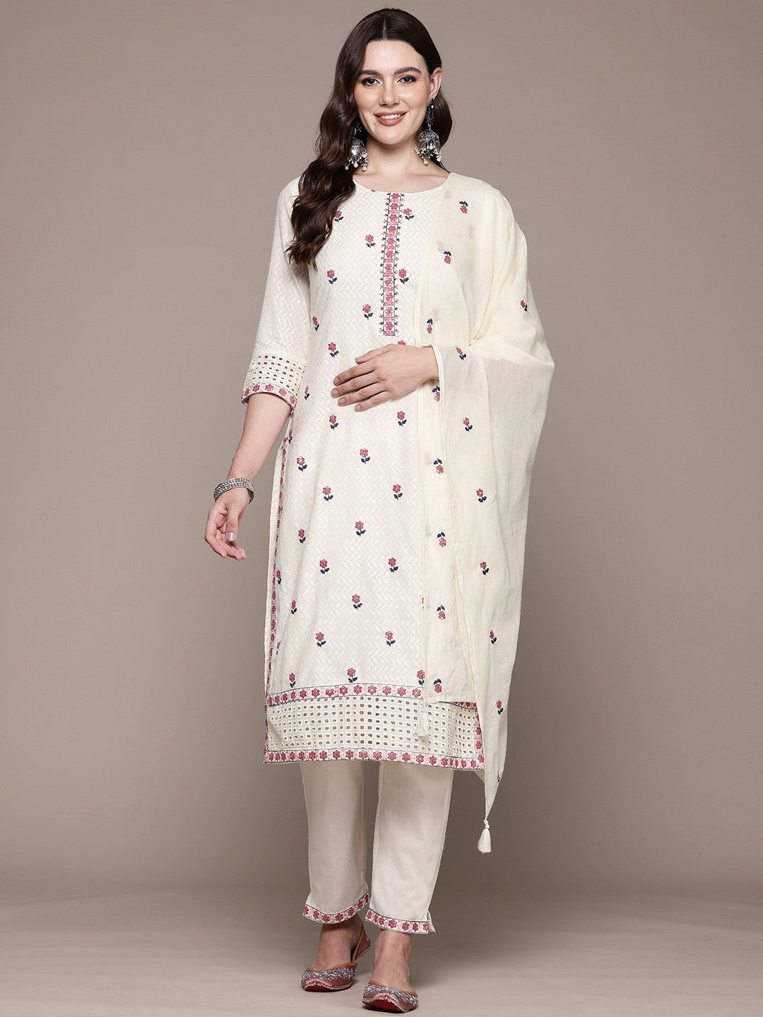 Straight style Cotton fabric Off White color kurta with Bottom and Dupatta