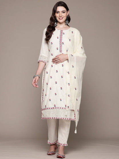 Straight style Cotton fabric Off White color kurta with Bottom and Dupatta