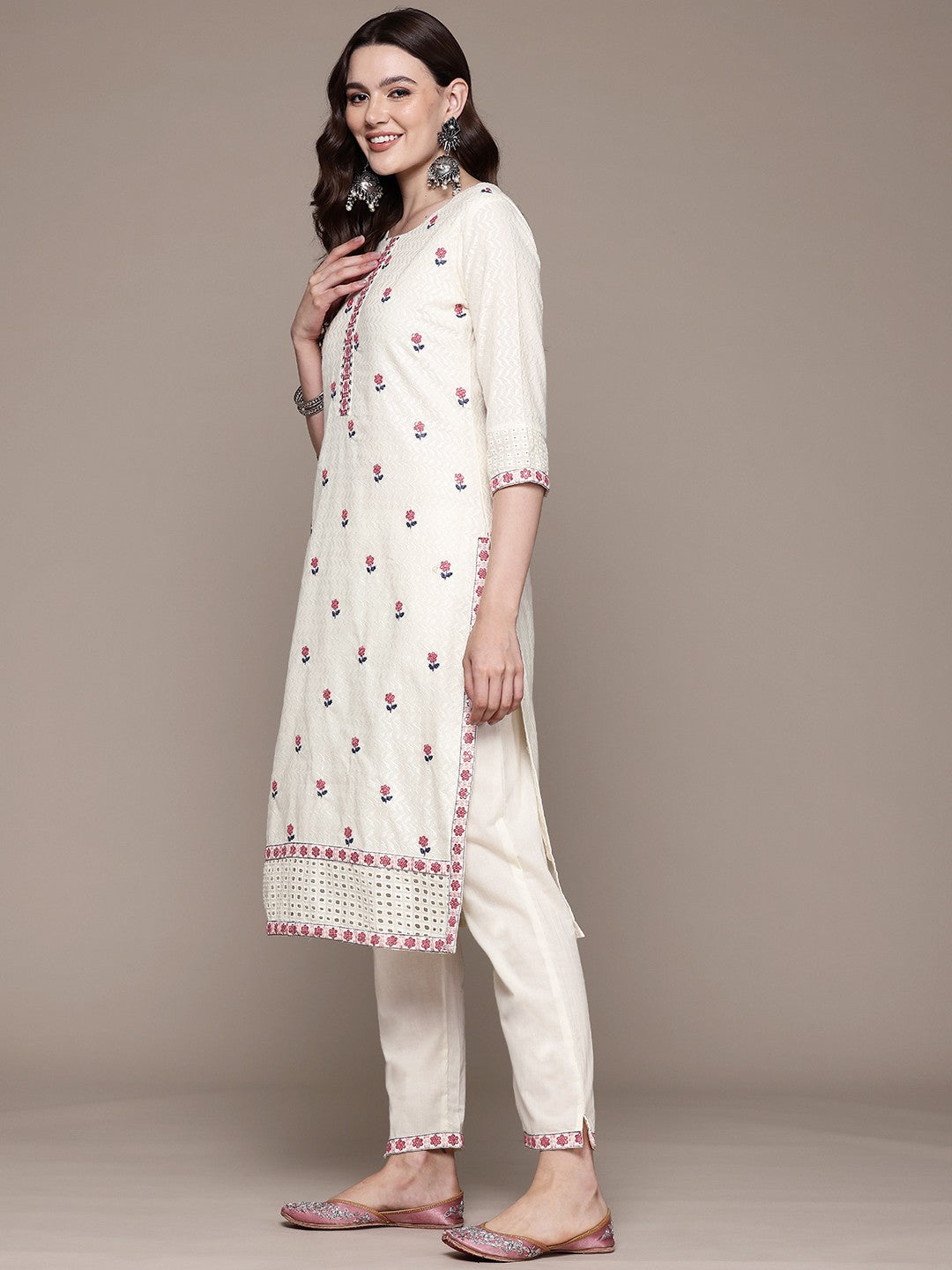 Straight style Cotton fabric Off White color kurta with Bottom and Dupatta