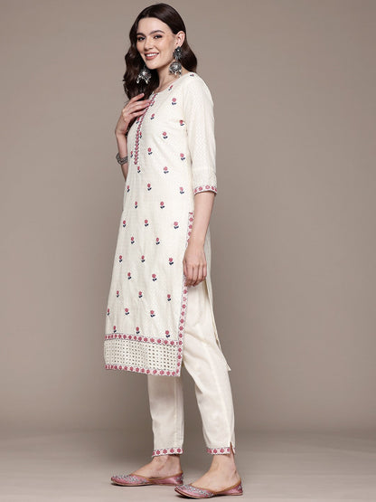Straight style Cotton fabric Off White color kurta with Bottom and Dupatta