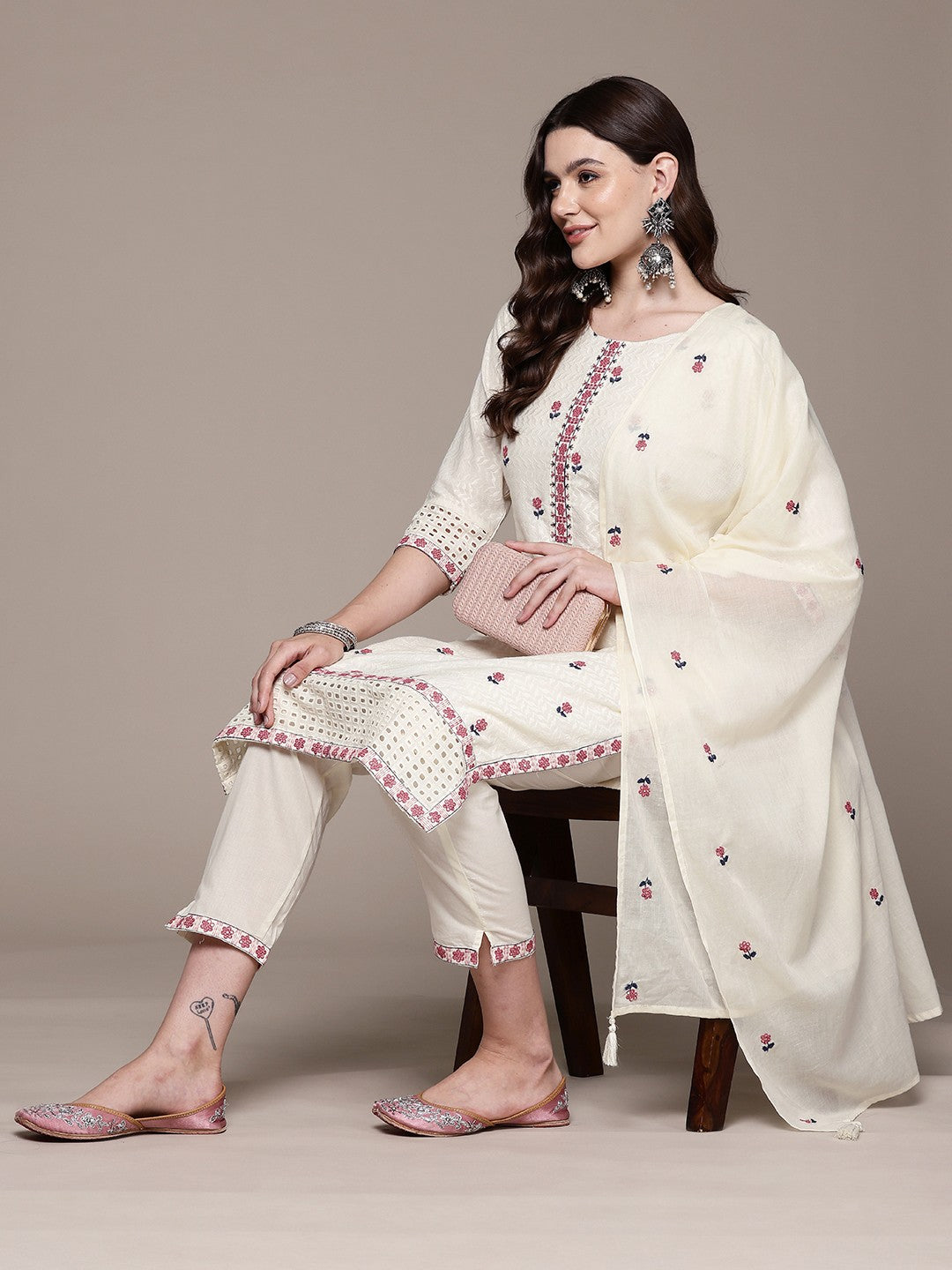 Straight style Cotton fabric Off White color kurta with Bottom and Dupatta