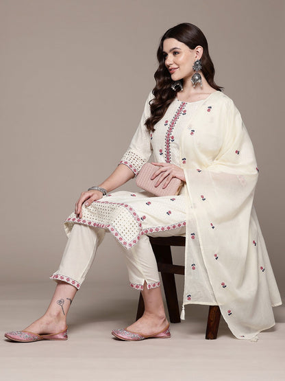 Straight style Cotton fabric Off White color kurta with Bottom and Dupatta