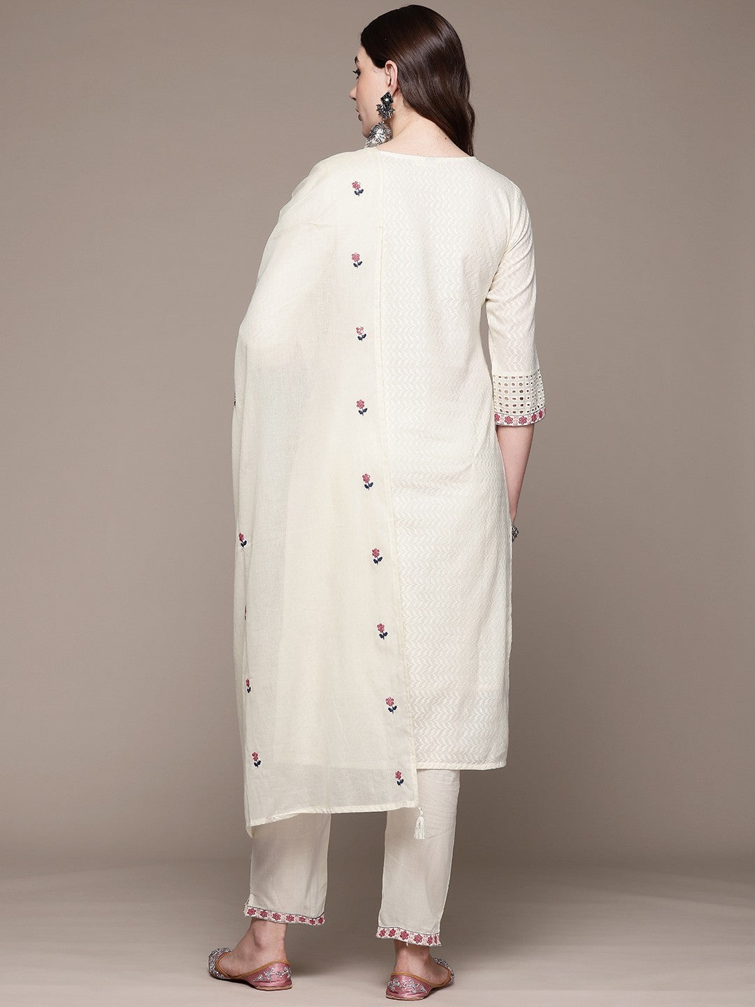 Straight style Cotton fabric Off White color kurta with Bottom and Dupatta