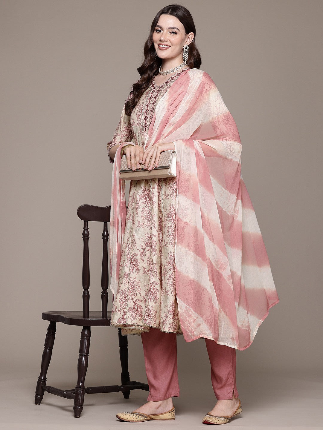 Anarkali style Silk fabric Mauve color kurta with Bottom and Dupatta